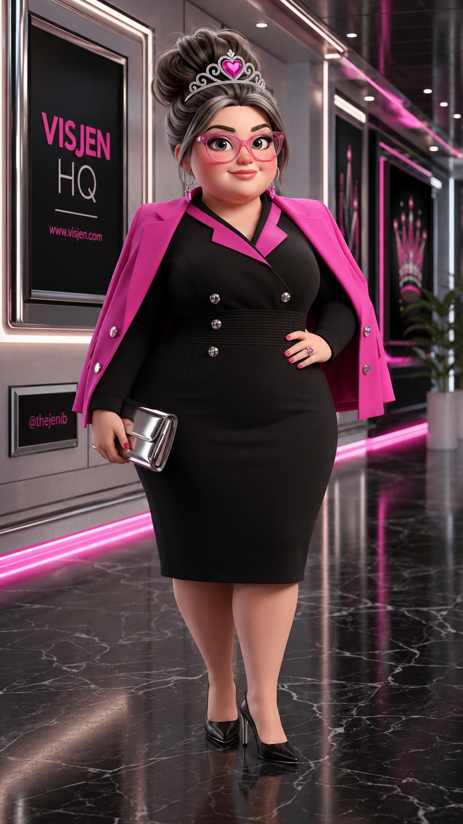 JenJen in the black, hot pink, and chrome Visjen HQ corridor