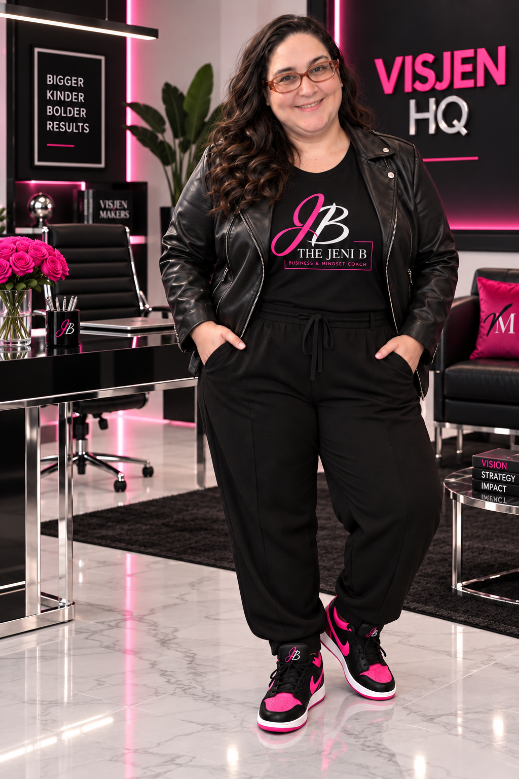 The Jeni B in a black, hot pink, and chrome Visjen office