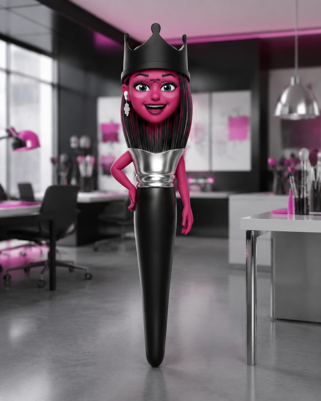 Visjen, the royal brush mascot, in a black, hot pink, and chrome creative agency
